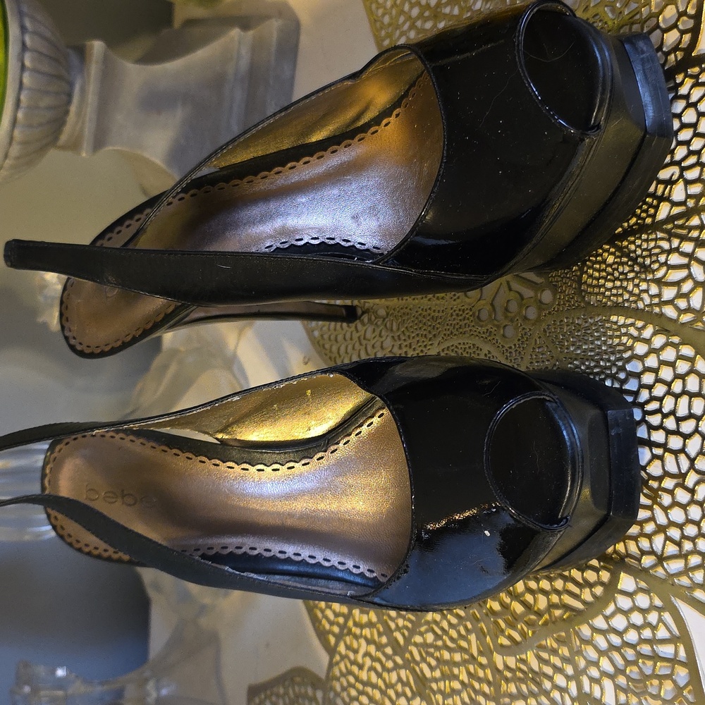 BeBe Black Patent Leather Slingbacks  Open Toe Platforms, 4" Heels